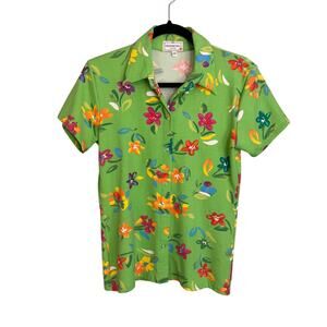 Vintage Henri Bendel Shirt Womens M Green Floral Collared Short Sleeve Snap USA